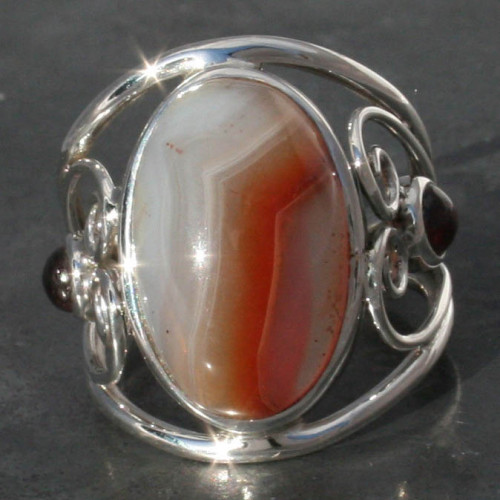 Botswana Agate designer heart  with tourmaline ring with sterling silver 925, handmade and fair-trade